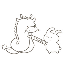 今年の干支のバトンを丁寧に渡すウサギと受け取るタツ　白黒