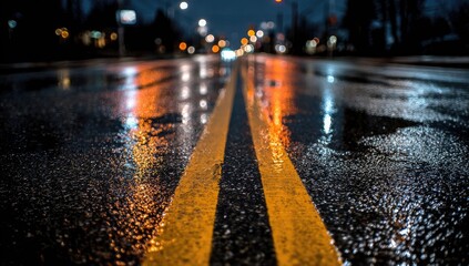 Wet asphalt road at night, reflecting blurred city lights and showing double yellow lines, shallow depth of field