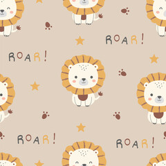 Seamless pattern with little lion. Cute cartoon animal. For Baby shower, Greeting card, Clothing kids, Fabric print, Wallpaper, Wrapping paper. Vector illustration