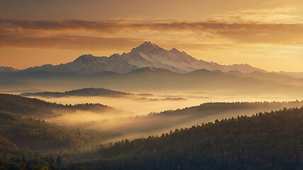 Fototapeta premium Mountain layers fading into the distance under a golden sunset sky with soft mist and atmospheric perspective. Warm and tranquil mood, no human elements, perfect as a nature background or calming 