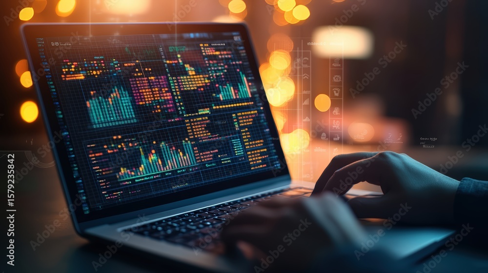 Poster modern digital trading screen displaying colorful stock market data on a laptop in a dimly lit envir