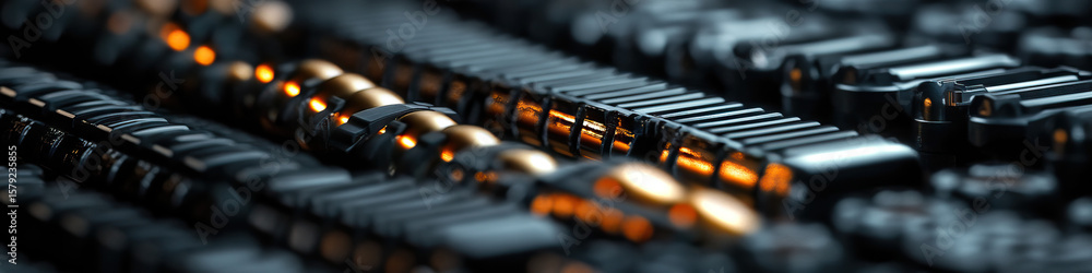 Poster close-up of illuminated cylindrical elements in a metallic structure