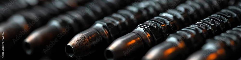 Poster close-up of multiple metallic components with textured surfaces