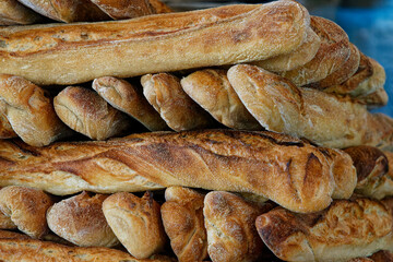 View of a layered group of original French freshly baked baguette breads