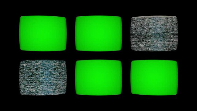 Old Monitors with green screens with CCTV cameras video footage. CRT TV screens with chroma key and interference. Security Camera Monitors with green screens. Looping animation.