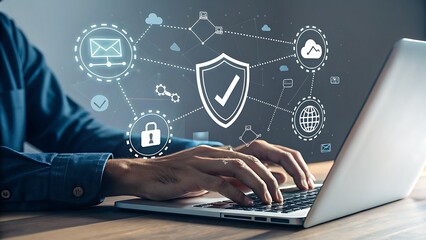 Secured Digital Workplace: Man Typing on Laptop with Data Protection and Network Security Visualization, a Modern Technology Concept.