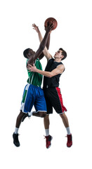 Dynamic Basketball Duel: Two Athletes Contesting for the Basketball in a Thrilling Play, PNG Isolated on Transparent Background