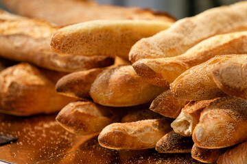 View of a layered group of original French freshly baked baguette breads