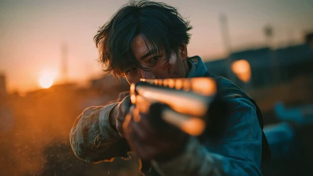Asian man practicing shotgun sport on the field while holding a gun