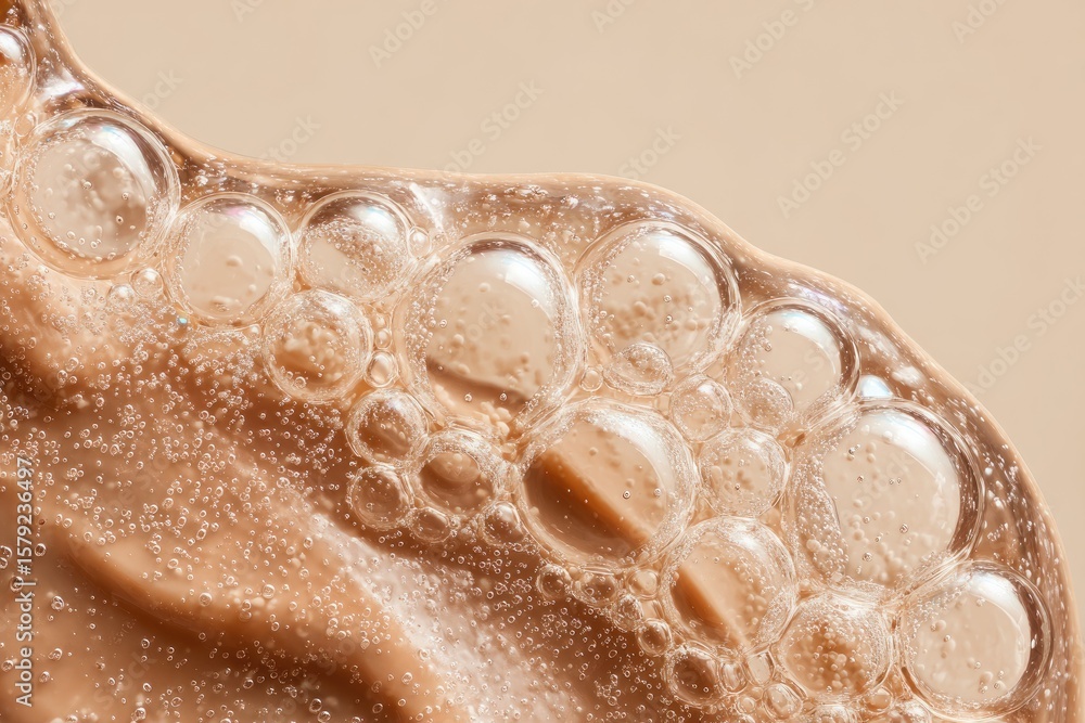 Poster close-up of a beige, translucent liquid with numerous air bubbles forming a wave-like shape against 