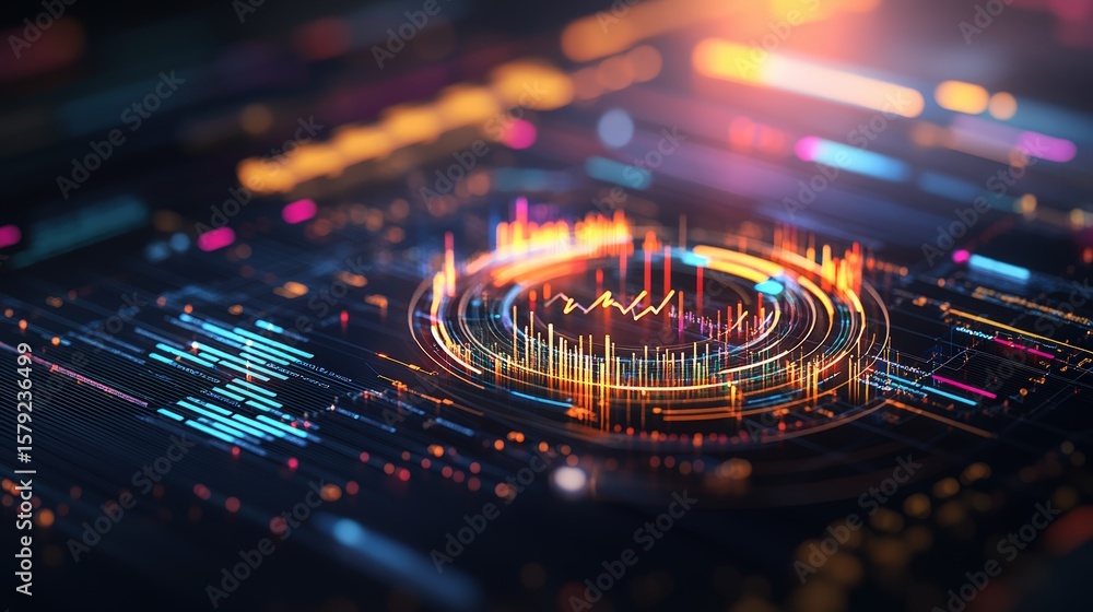 Aufkleber futuristic digital data visualization with glowing graphs and vibrant colorful light effects