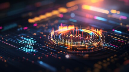 Futuristic digital data visualization with glowing graphs and vibrant colorful light effects