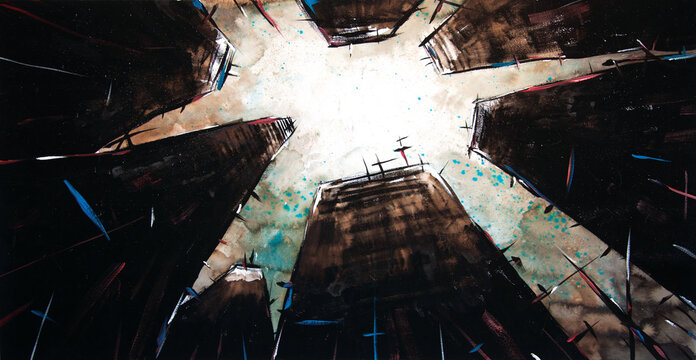 Perspective de gratte-ciels postapocalyptiques avec un ciel tourment&eacute;
