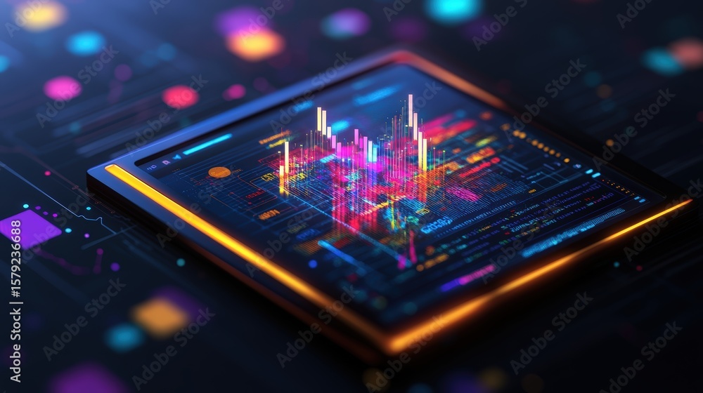 Poster futuristic digital stock market chart on smartphone display showing vibrant colorful data graphs and