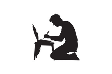 Silhouette of a kneeling writer with quill pen and paper creating a letter or manuscript with a feather quill isolated on a white background in