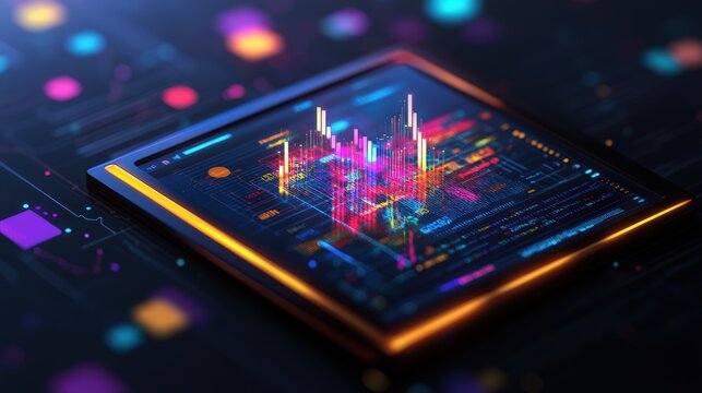 Futuristic digital stock market chart on smartphone display showing vibrant colorful data graphs and financial analytics