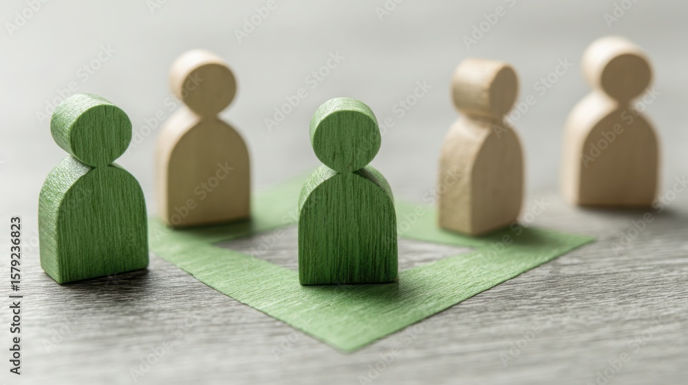 Poster artistic representation of a group of wooden figures symbolizing community and feedback channels in 