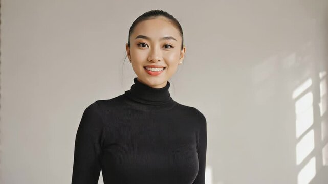 미묘한 빛의 변화 속에서 우아한 블랙 터틀넥을 입고 미소 짓는 자신감 넘치는 여성