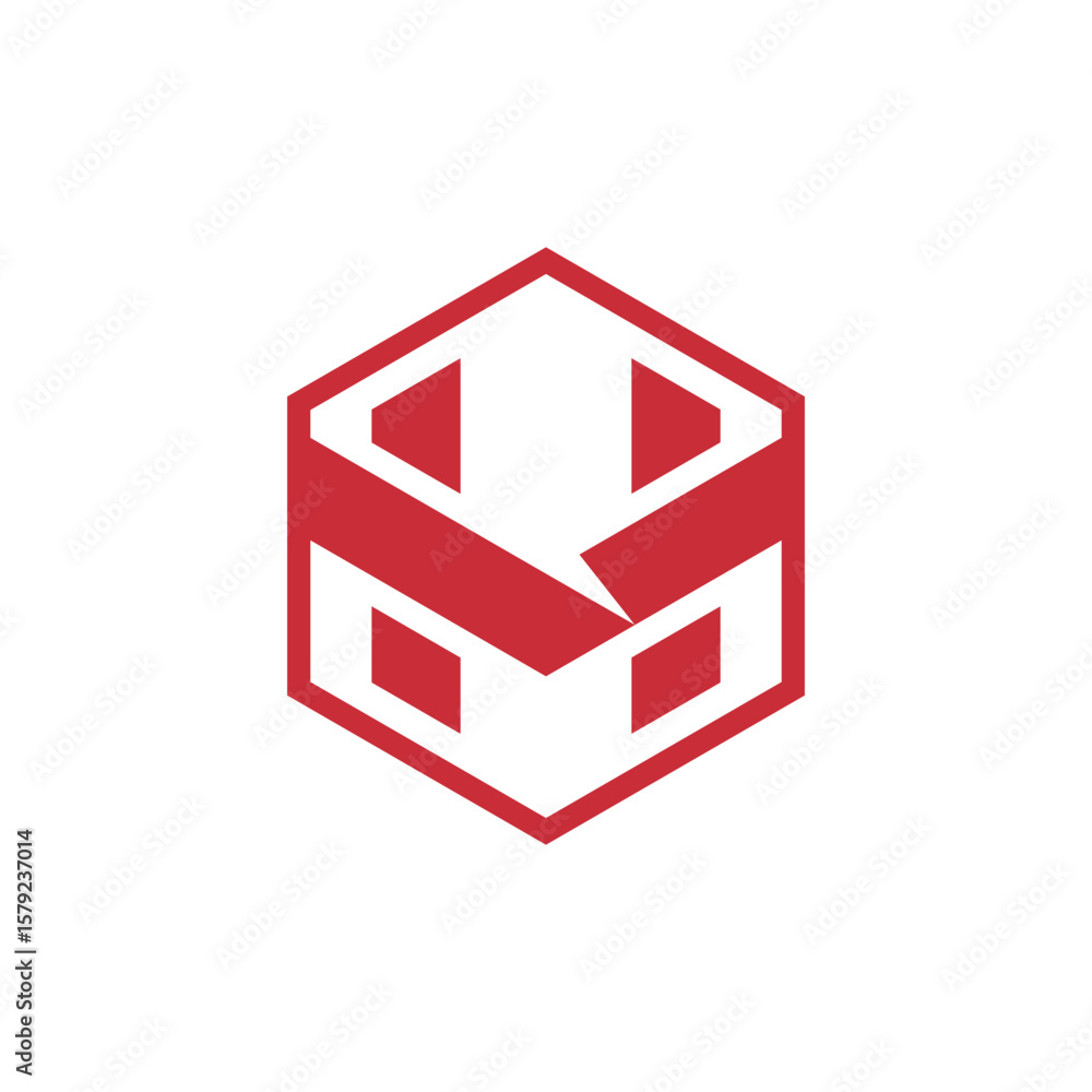 Poster a bold red hexagonal outline containing abstract 