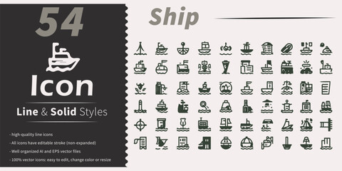 Collection of 54 nautical and marine transport icons in line and solid styles
