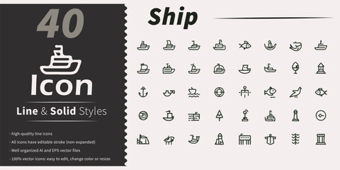 Collection of 40 marine and nautical line art icons in various styles