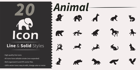 Collection of 20 animal icons in line and solid styles vector set