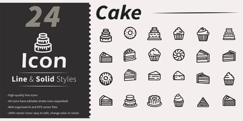 Collection of 24 cake and dessert icons in line and solid styles