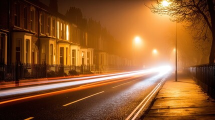 Foggy street scene at night with moving car lights illuminating houses and trees