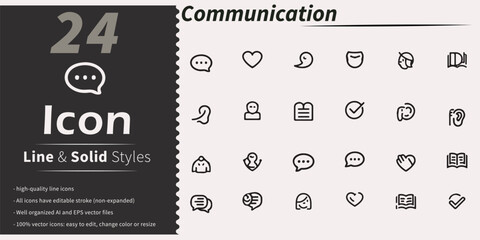 Collection of 24 communication and social media icons in line and solid styles