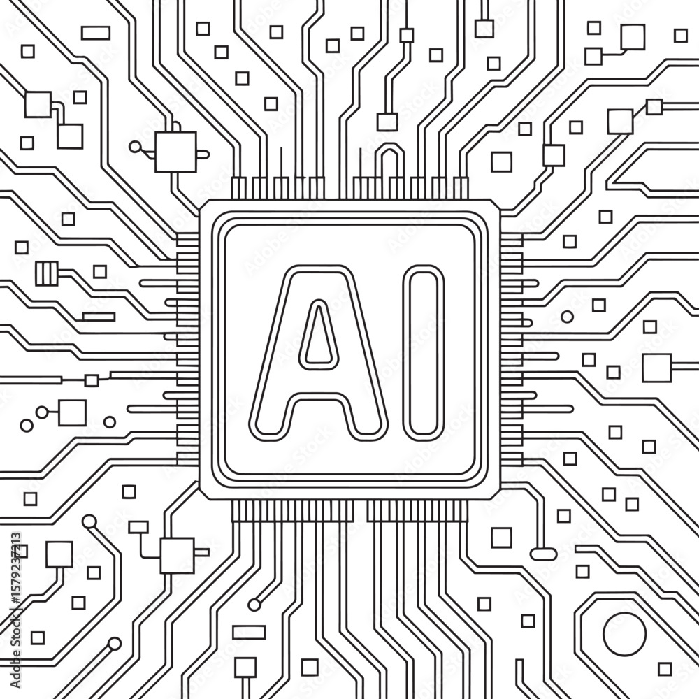 Poster ai circuit board graphic design, ai chip with circuit lines, ai circuit chip, smart processor design