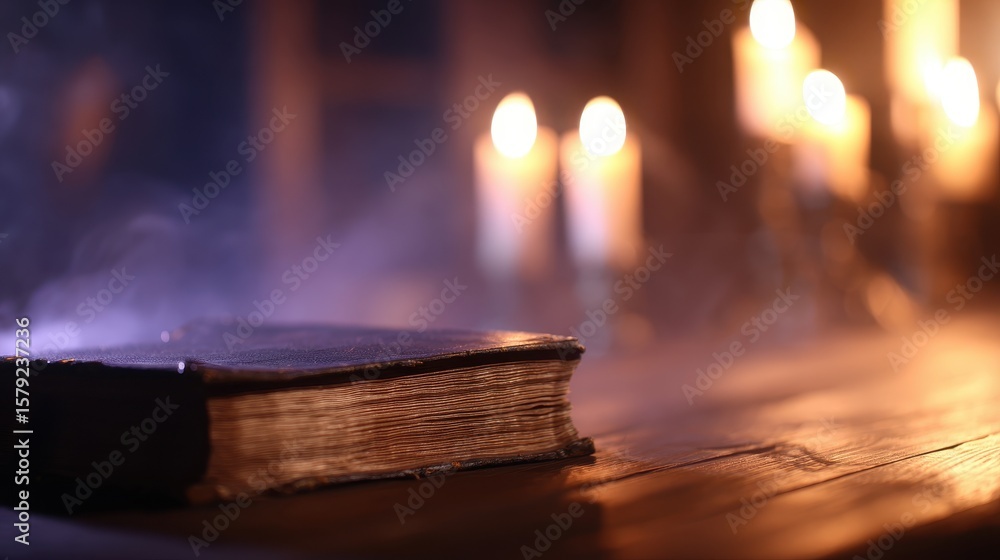 Poster ancient book resting on a wooden table illuminated by flickering candlelight in a mystical setting