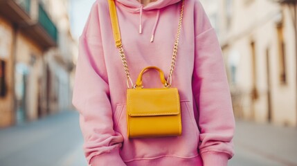 Street fashion detail with yellow faux leather shoulder bag and pink hoodie, modern casual style, copy space.