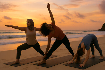 Diverse women practicing yoga poses on beach at sunset for wellness and fitness lifestyle concept