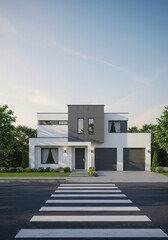 Fototapeta premium Modern house with gray accents and a pedestrian crossing in front on a sunny day outdoors view
