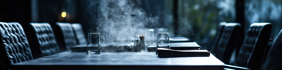 Obraz premium Restaurant Table Setting with Steam and Empty Glasses