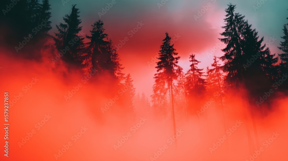 Aufkleber mysterious red fog enveloping tall evergreen trees in a dense forest during twilight