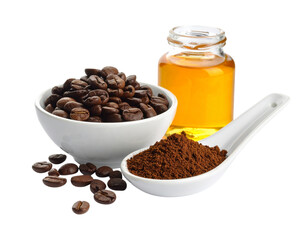 Minimal Morning Coffee Scene with Ceramic Spoon, Beans and Honey Dip – White Isolated AI Image