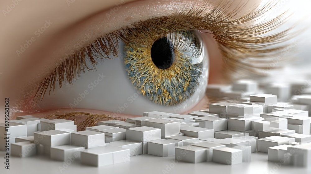 Poster human eye surrounded by abstract cubes symbolizing vision-driven alignment concept with creative lay