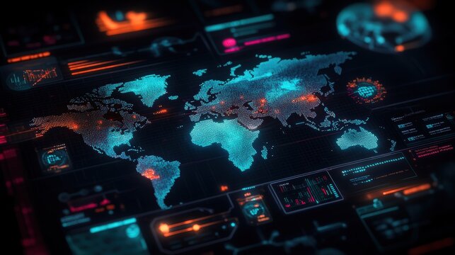 Advanced global digital data visualization with illuminated continents and futuristic interface design - Powered by Adobe