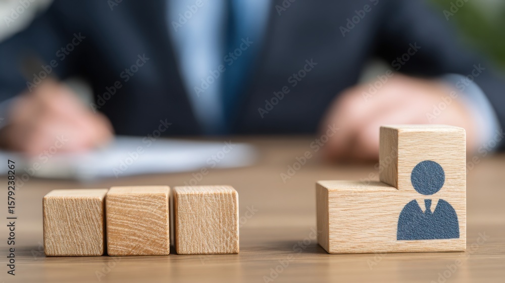 Poster person sitting at a table with a block of wood symbolizing vision alignment and team collaboration i