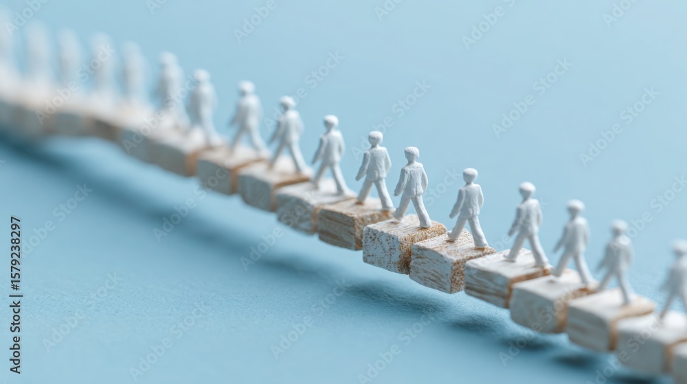 Poster row of miniature people representing teamwork and vision execution on a bridge concept in a creative