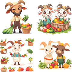 Cute goat farmers harvest fruit and vegetables cartoon character illustration vector style on white background