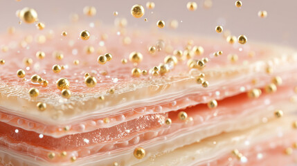 3D illustration of skin layers translucent layers of skin showing epidermis, dermis and hypodermis pale peachy-pink color, scientific illustration, medical illustration, detailed structures.