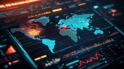 Advanced digital world map interface displaying global data visualization with futuristic technology elements