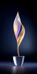 Golden and translucent abstract flowing form emerging from a glass bowl against a dark background