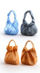 Four variously colored pouches with handles two blue and gray two tan displayed against a white background