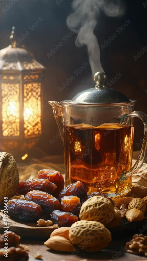 Poster a glass pitcher of tea sits on a table with nuts and dried fruit. the tea is steaming and the table 