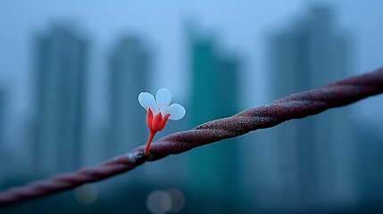 Delicate white and red flower blooms on textured rusty wire against blurred urban cityscape