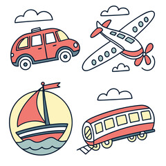 Cute cartoon vehicles including a car airplane sailboat and train with clouds