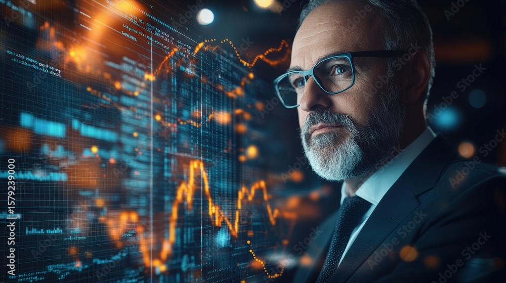 Aufkleber professional businessman analyzing financial data with digital stock chart and graphs on a futuristi